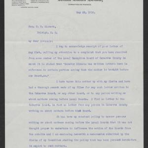 Letter from Furnifold M. Simmons to Thomas W. Bickett, May 25, 1918, page 1