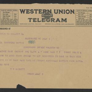 Telegram from Thomas W. Bickett to Santford Martin, July 2, 1918