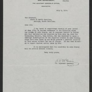 Letter from Henry P. McCain to Thomas W. Bickett, July 8, 1918
