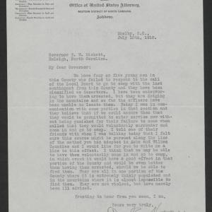 Letter from Clyde R. Hoey to Thomas W. Bickett, July 10, 1918