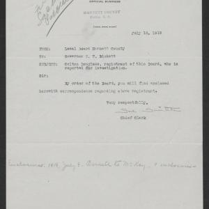 Letter from the Harnett County Exemption Board to Thomas W. Bickett, July 18, 1918