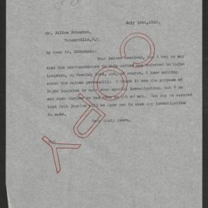 Letter from Thomas W. Bickett to Julius Johnston, July 19, 1918