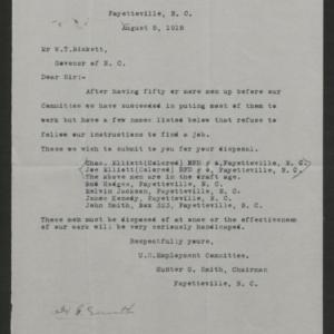 Letter from Hunter G. Smith to Thomas W. Bickett, August 5, 1918