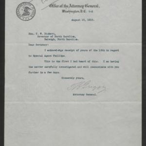 Letter from Thomas W. Gregory to Thomas W. Bickett, August 15, 1918