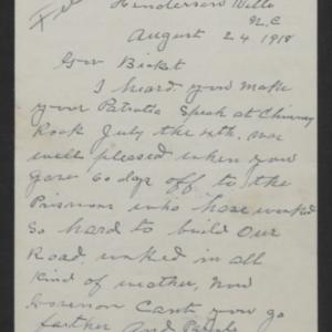 Letter from George W. Lyda to Thomas W. Bickett, August 24, 1918, page 1