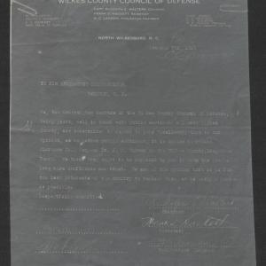 Letter from the Wilkes County Council of Defense to Thomas W. Bickett, October 7, 1918