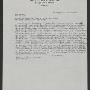 Copy of Telegram from Thomas W. Bickett to the Executive Committee of the League to Enforce Peace, November 15, 1918