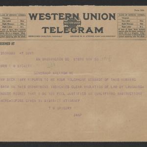 Telegram from Thomas W. Gregory to Thomas W. Bickett, November 30, 1918