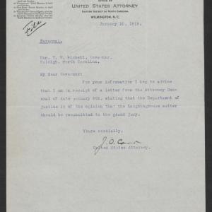 Letter from James O. Carr to Thomas W. Bickett, January 10, 1919