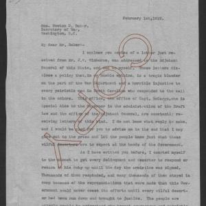 Letter from Thomas W. Bickett to Newton D. Baker, February 1, 1919, page 1