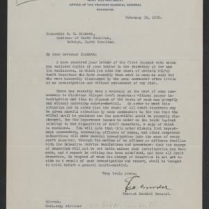 Letter from Enoch H. Crowder to Thomas W. Bickett, February 19, 1919