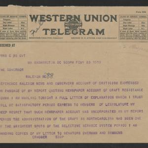 Telegram from Enoch H. Crowder to Thomas W. Bickett, February 23, 1919