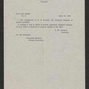 Executive Order No. 2 by Governor Thomas W. Bickett, June 15, 1920
