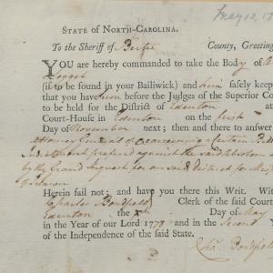 Bench Warrant from Charles Bondfield to the Bertie County Sheriff for Absalom Leggett, 10 May 1778, page 1
