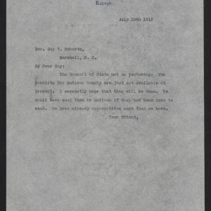 Letter from Craig to Roberts, July 10, 1913