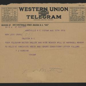 Telegram from Harkins to Craig, August 12, 1916