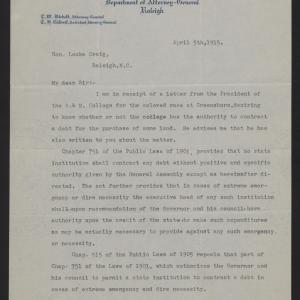 Letter from Bickett to Craig, April 5, 1915, page 1