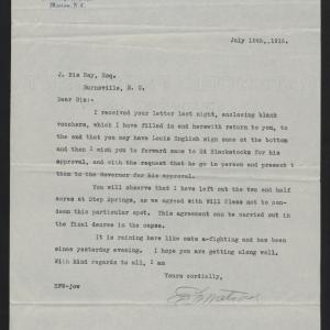 Letter from Watson to Ray, July 15, 1916