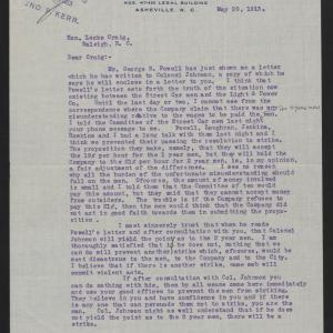 Letter from Thomas A. Jones to Locke Craig, May 20, 1913, page 1