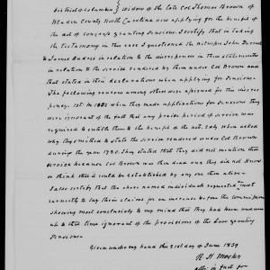Affidavit of R. H. Mosby in support of a Pension Claim for Lucy Brown, 21 June 1839, page 1