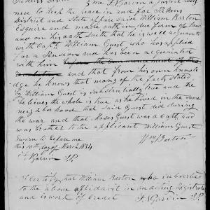 Affidavit of William Barton in support of a Pension Claim for William Guest, 10 March 1834, page 1