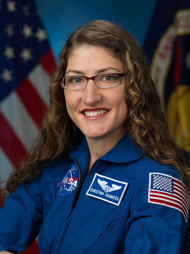 Christina Koch in the airlock of the International Space Station