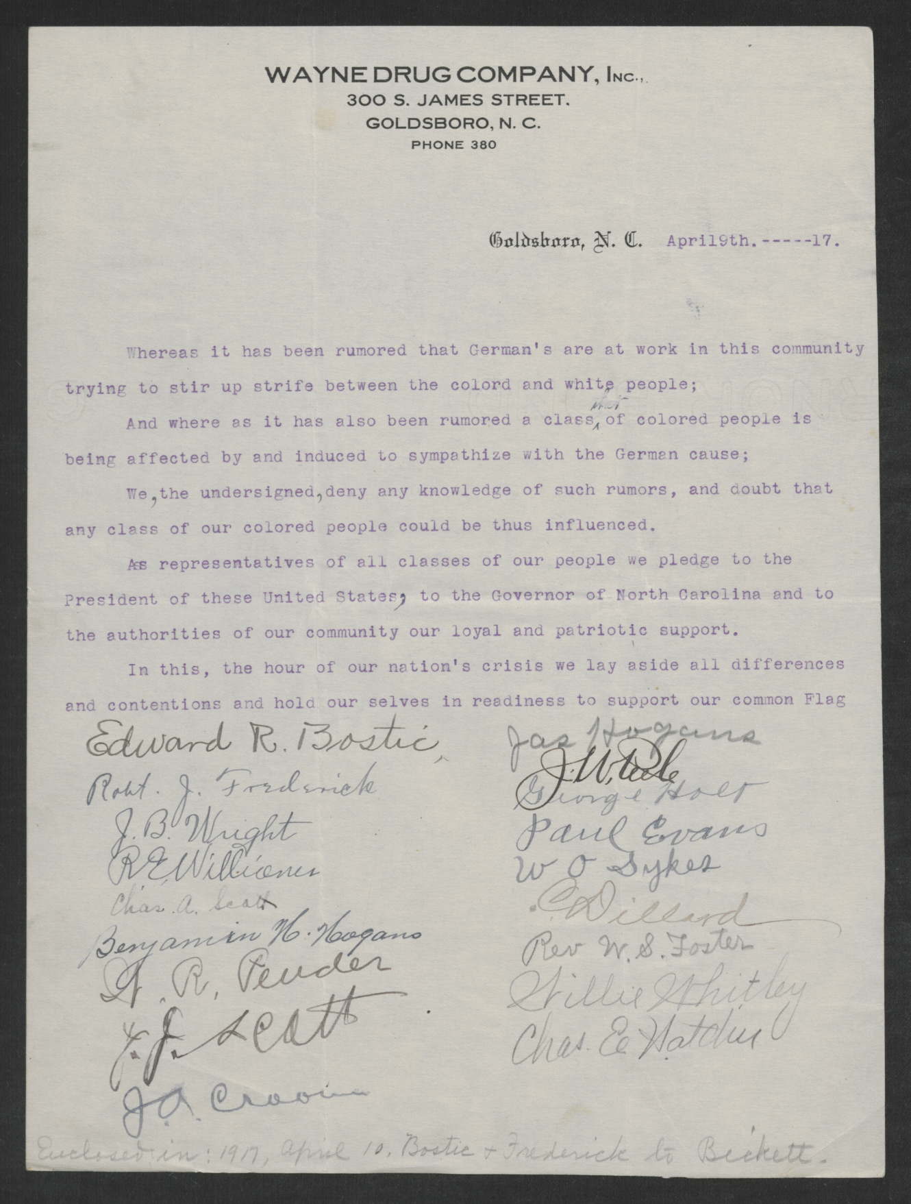 Letter from Black Citizens of Goldsbroro to Gov. Bickett, April 9, 1917