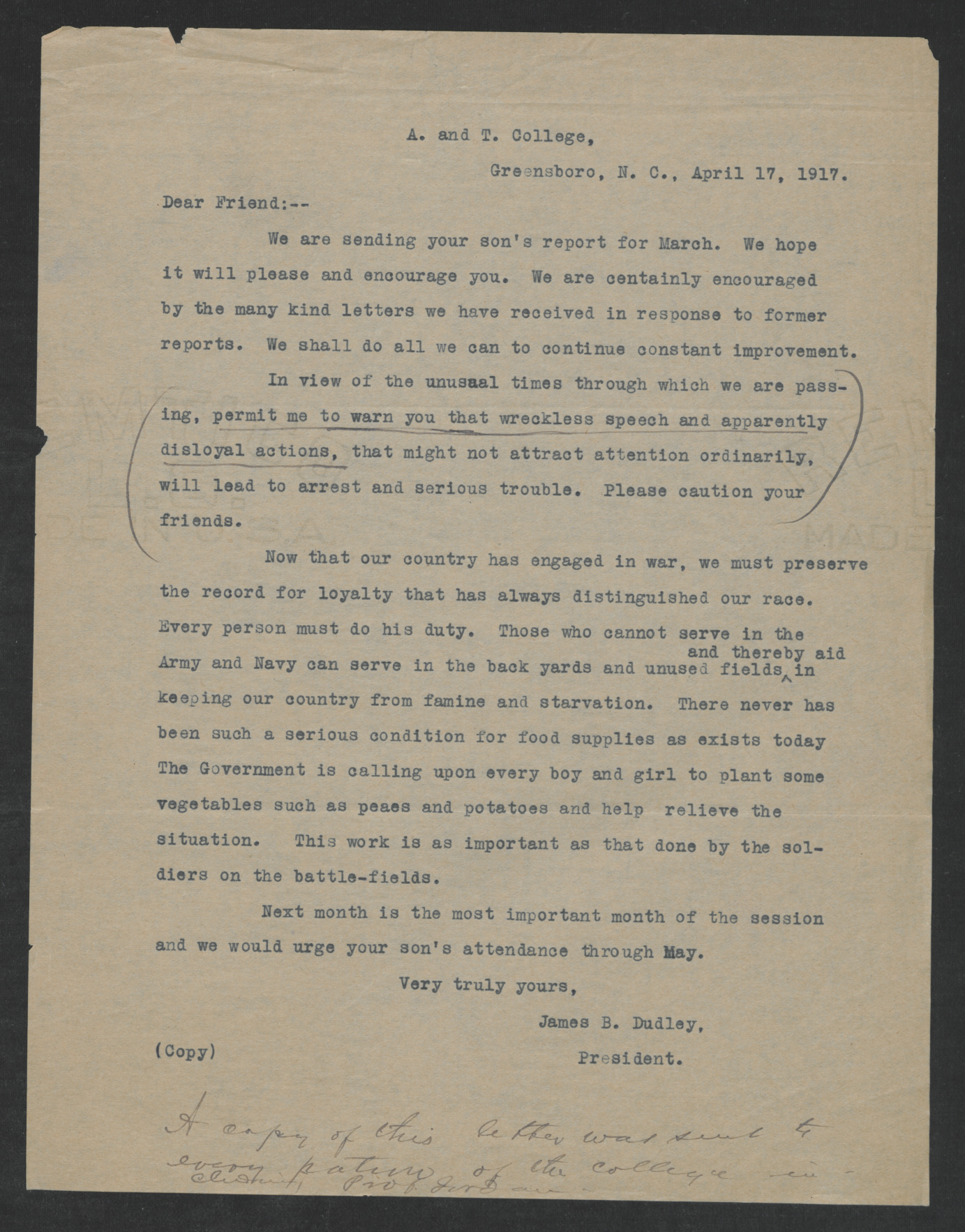 Letter from James B. Dudley to Dear Friend, April 17, 1917