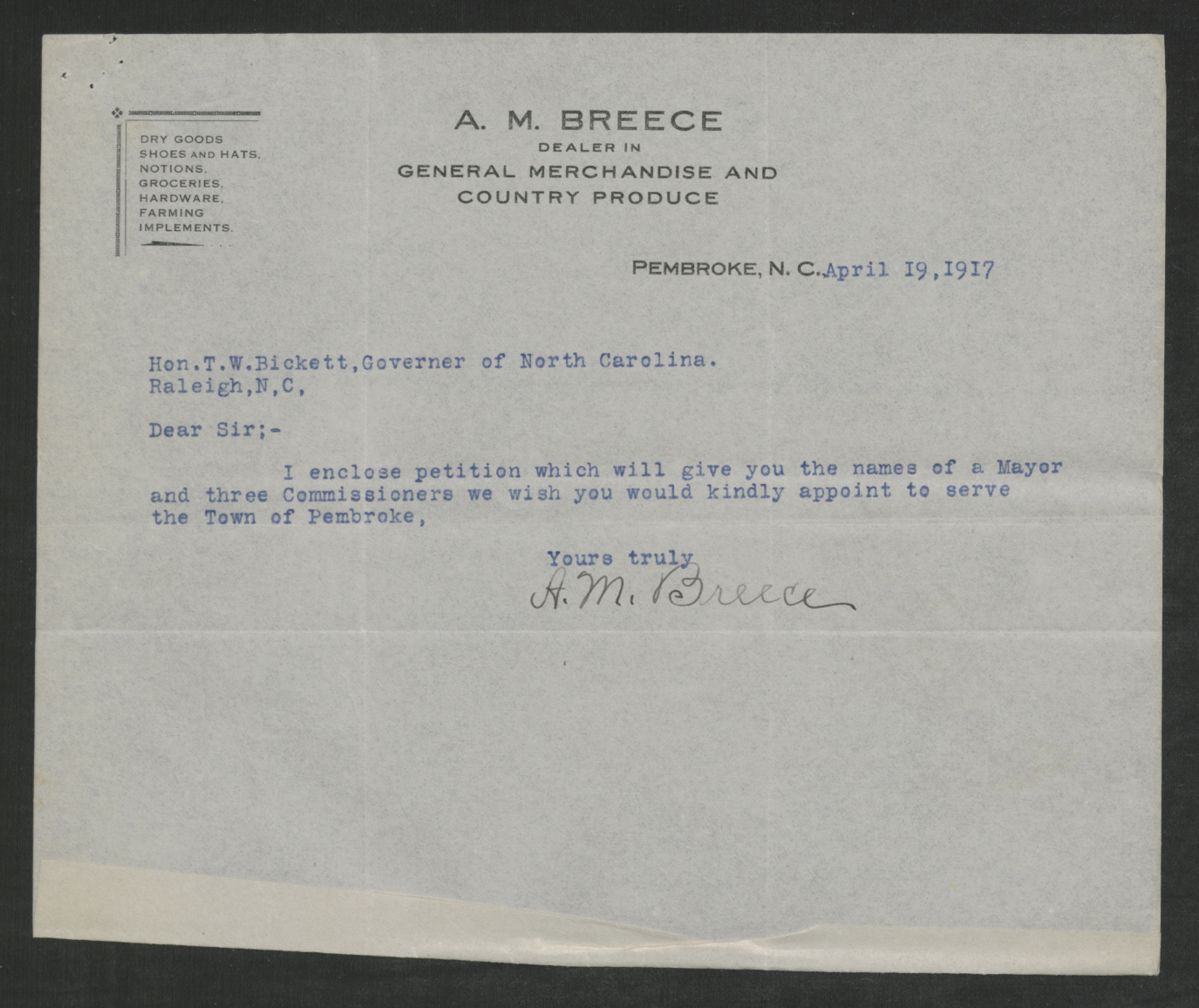 Letter from A. M. Breece to Gov. Bickett, April 19, 1917