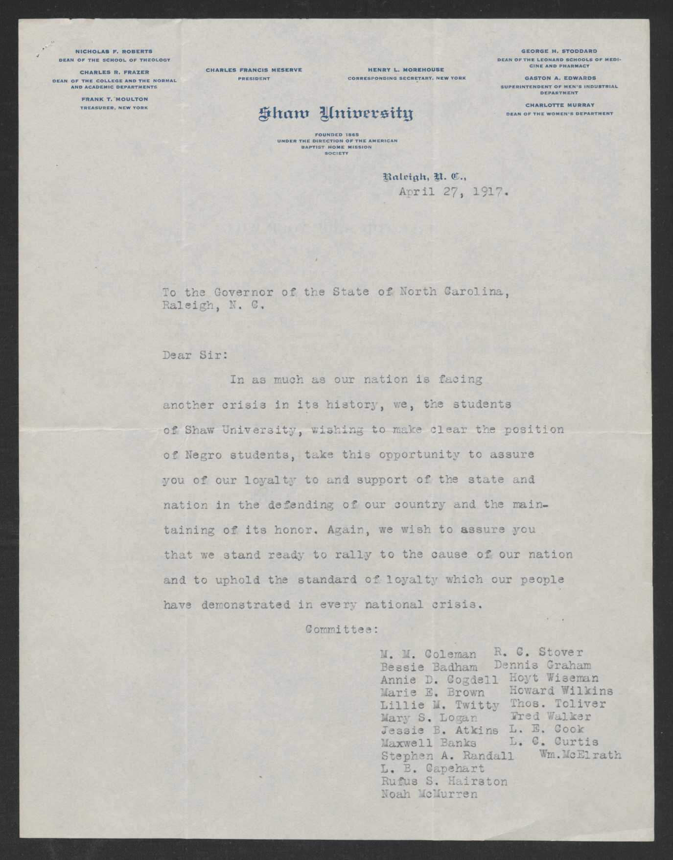 Letter from Shaw University Students to Gov. Bickett, April 27, 1917