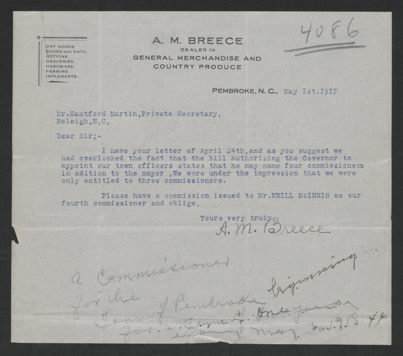 Letter from Alonzo M. Breece to Gov. Bickett, May 1, 1917