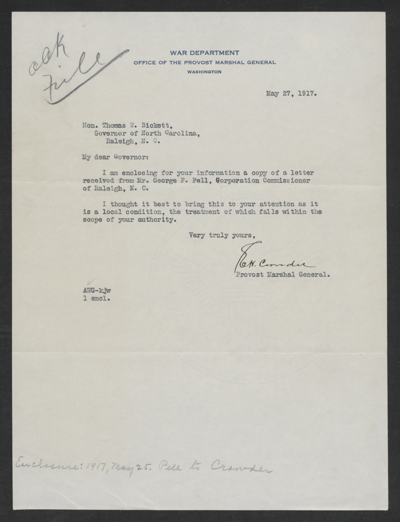 Letter from Enoch H. Crowder to Gov. Bickett, May 27, 1917