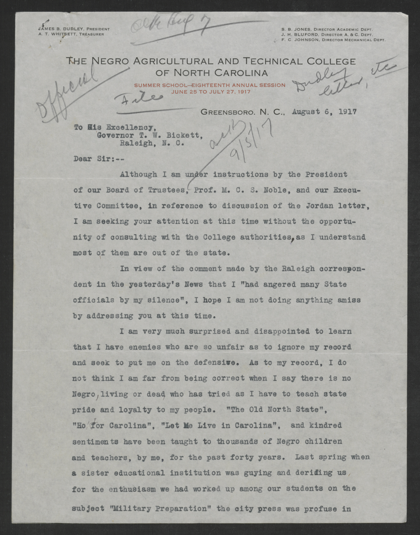Letter from James B. Dudley to Gov. Bickett, August 6, 1917 - Page 1