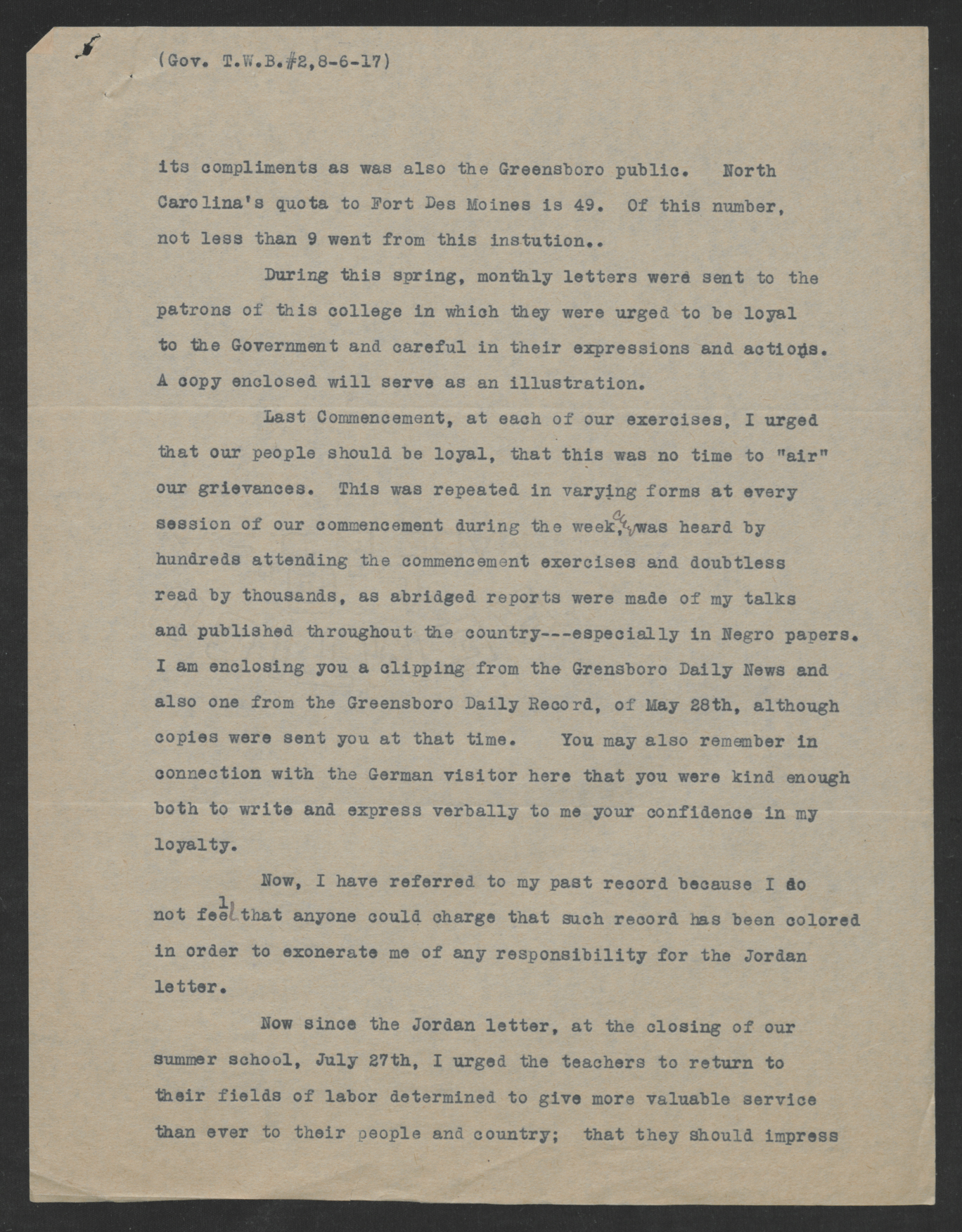 Letter from James B. Dudley to Gov. Bickett, August 6, 1917 - Page 2