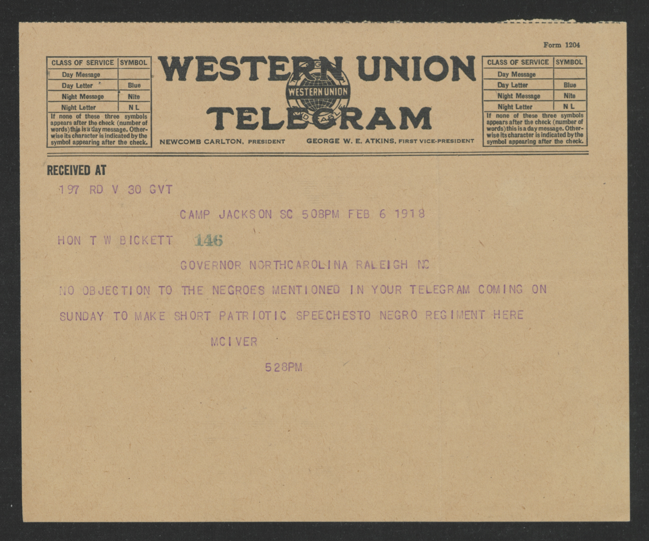 Telegram from George W. McIver to Gov. Bickett, February 6, 1918
