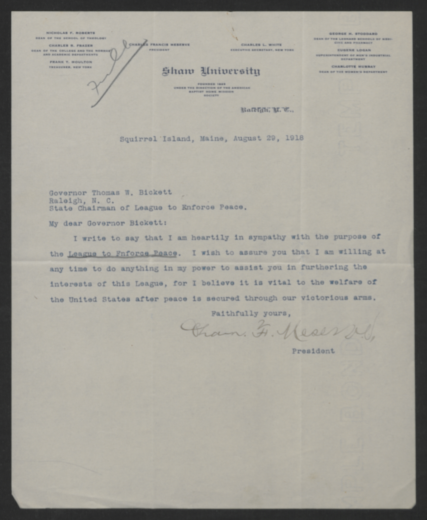 Letter from Charles F. Meserve to Gov. Bickett, August 29, 1918