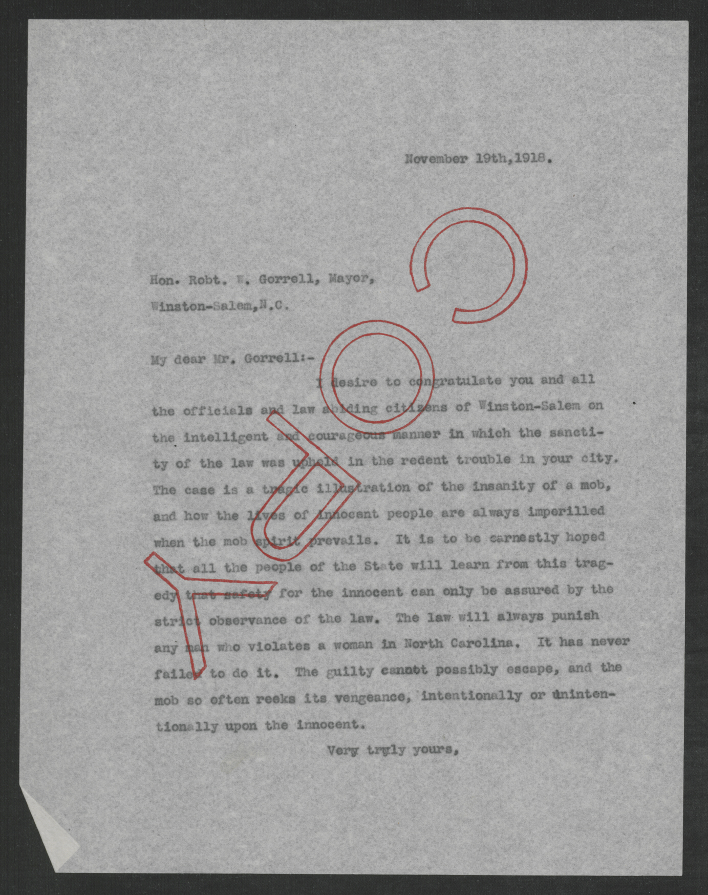 Letter from Gov. Bickett to Robert W. Gorrell, November 19, 1918