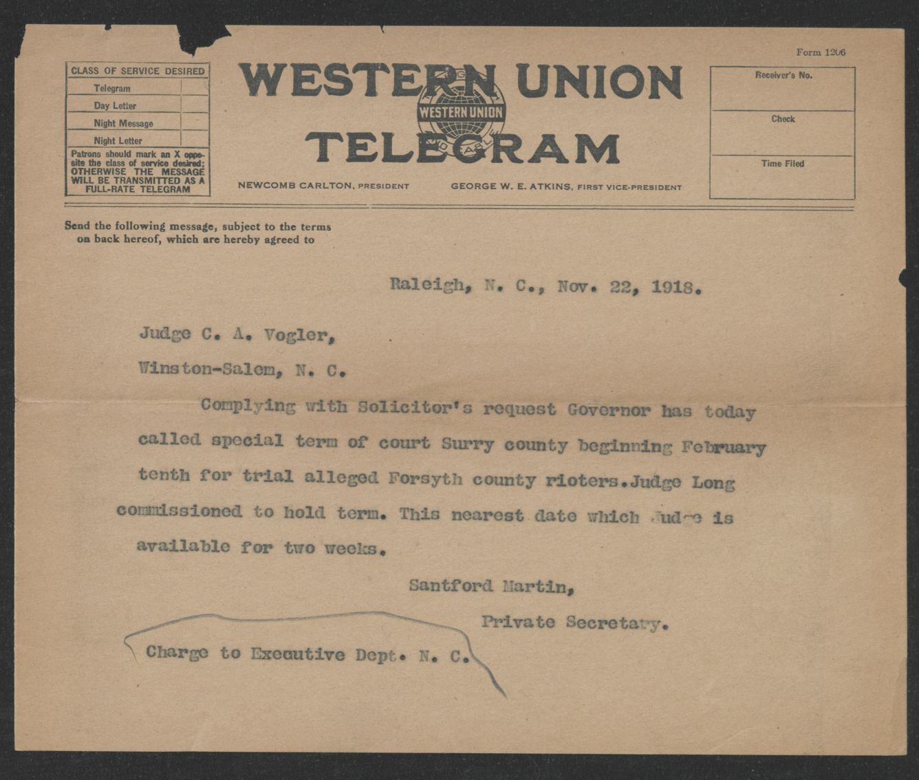 Telegram from Santford Martin to Charles A. Vogler, November 22, 1918