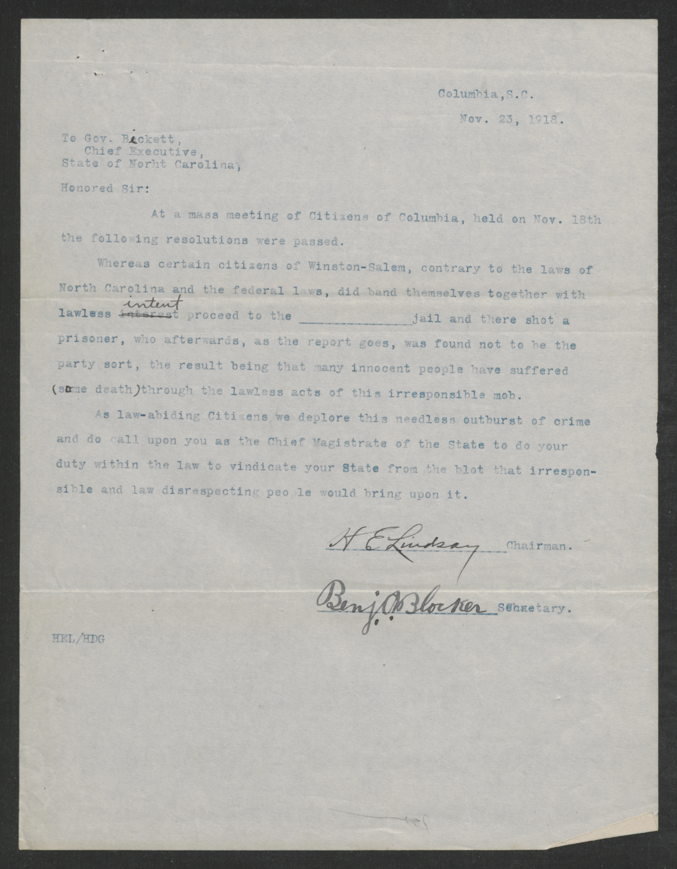 Resolution by the Citizens of Columbia, South Carolina, November 23, 1918
