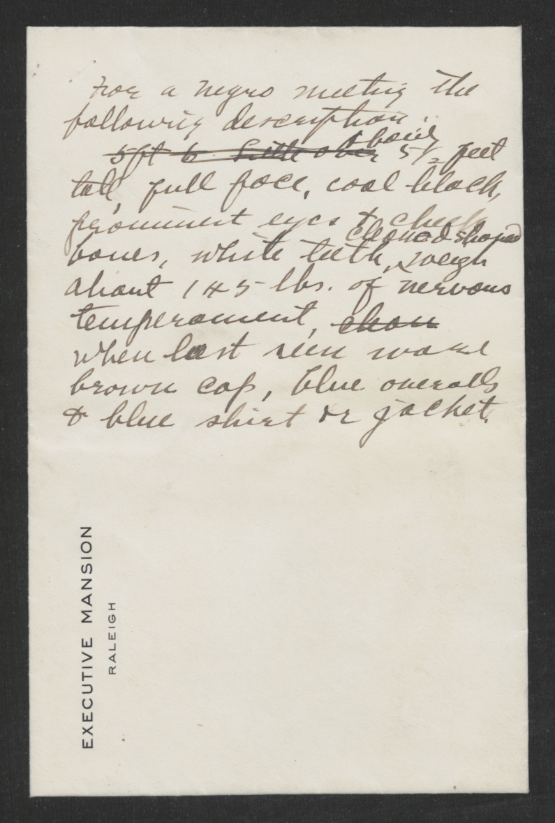 Physical Description of Alleged Perpetrator of Rape in Rolesville, North Carolina, Circa October 1918