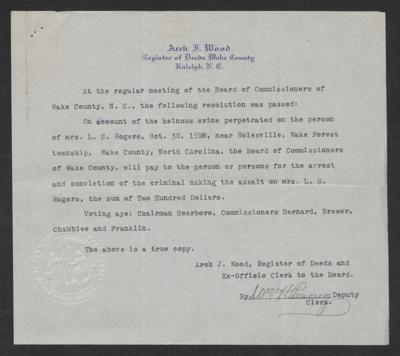 Resolution by the Wake County Board of Commissioners, October 30, 1918