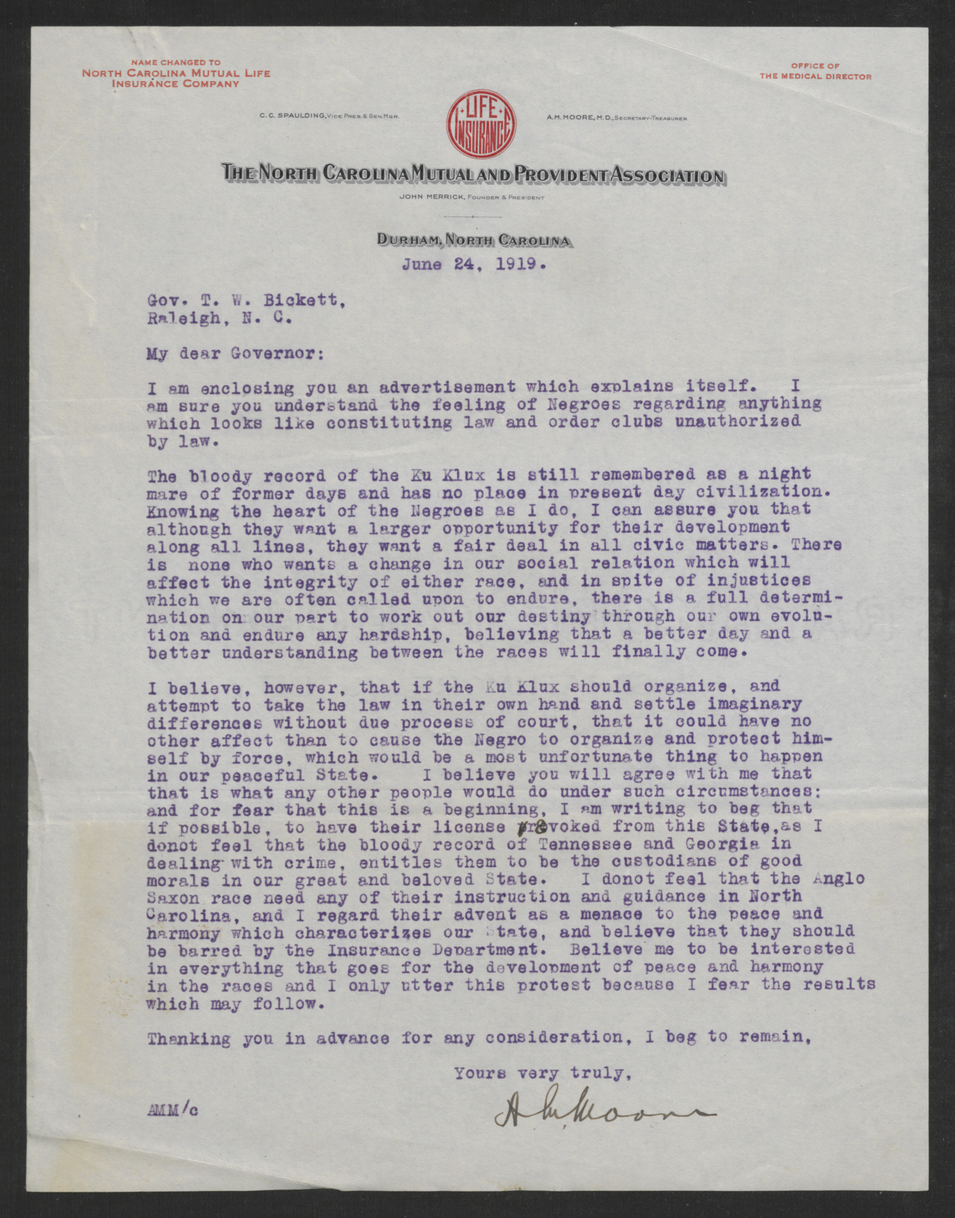 Letter from Moore to Bickett, June 24, 1919