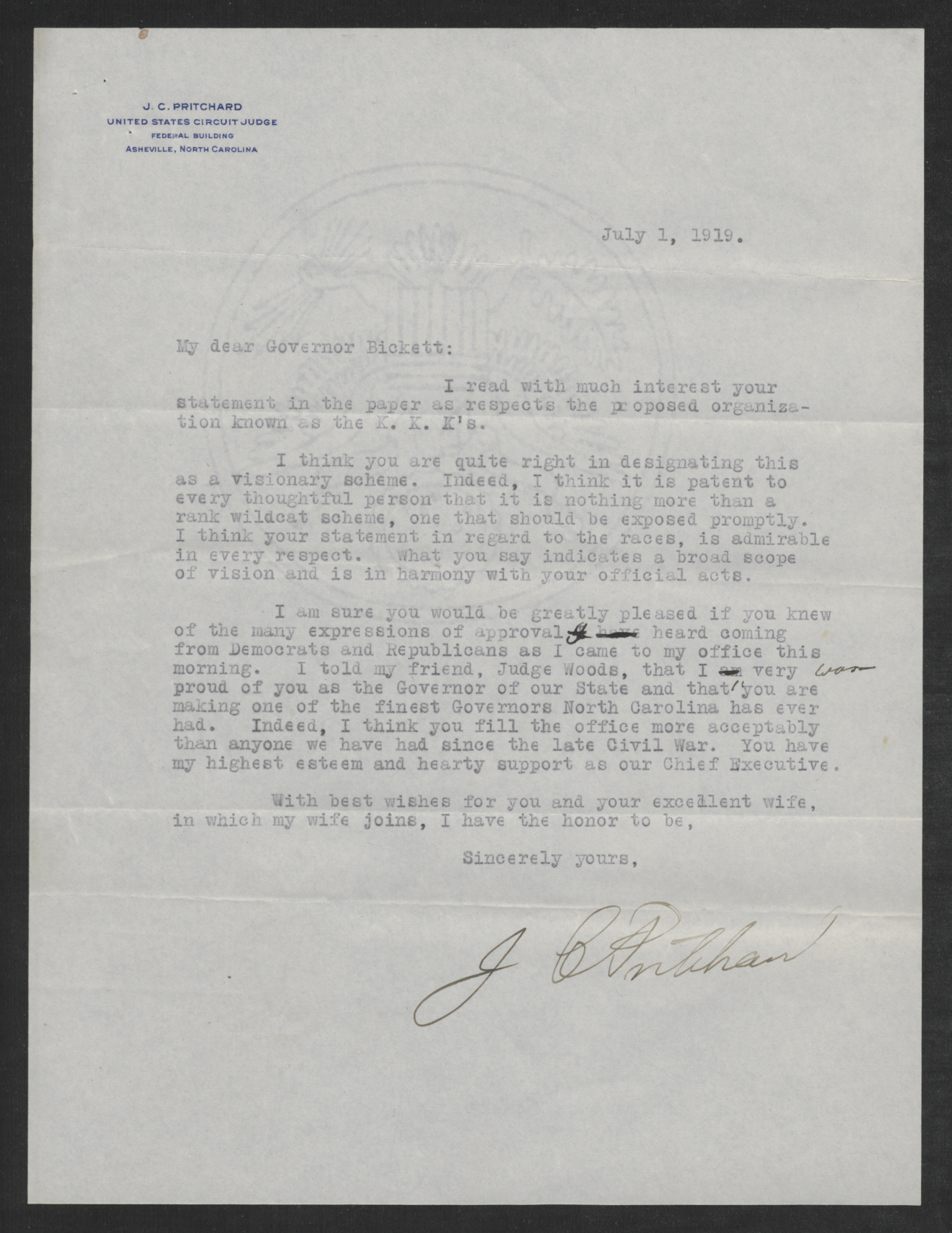 Letter from Jeter C. Pritchard to Thomas W. Bickett, July 1, 1919