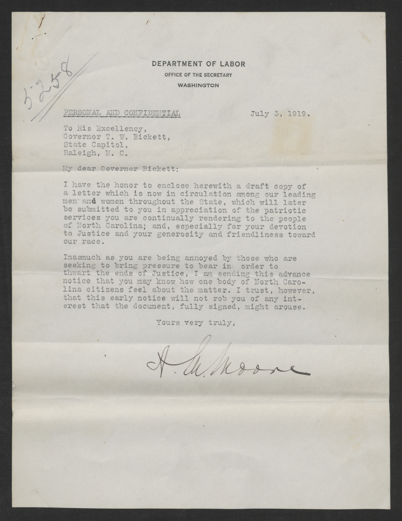 Letter from Aaron M. Moore to Gov. Thomas W. Bickett, July 3, 1919