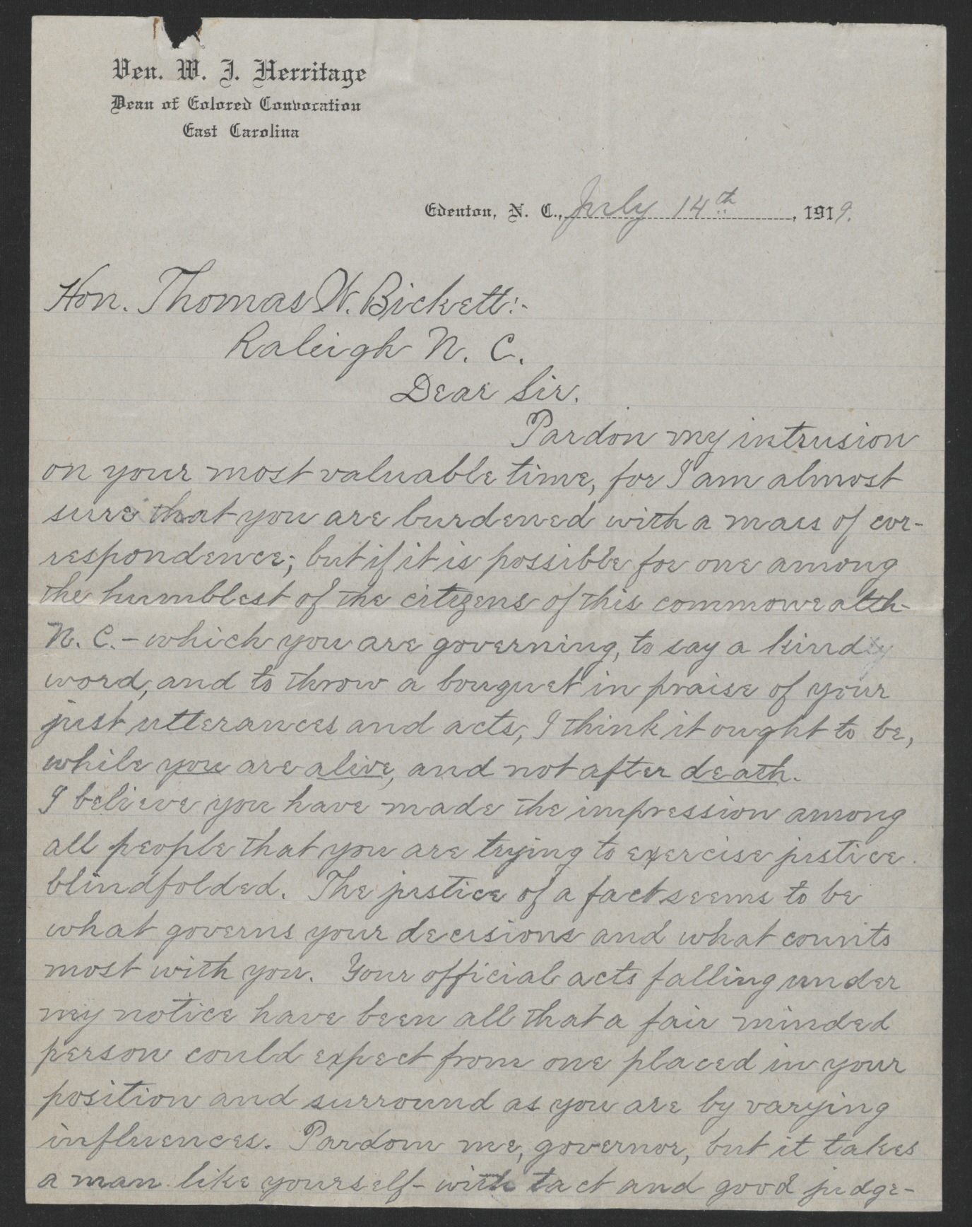 Letter from William J. Herritage to Gov. Thomas W. Bickett, July 14, 1919, page 1
