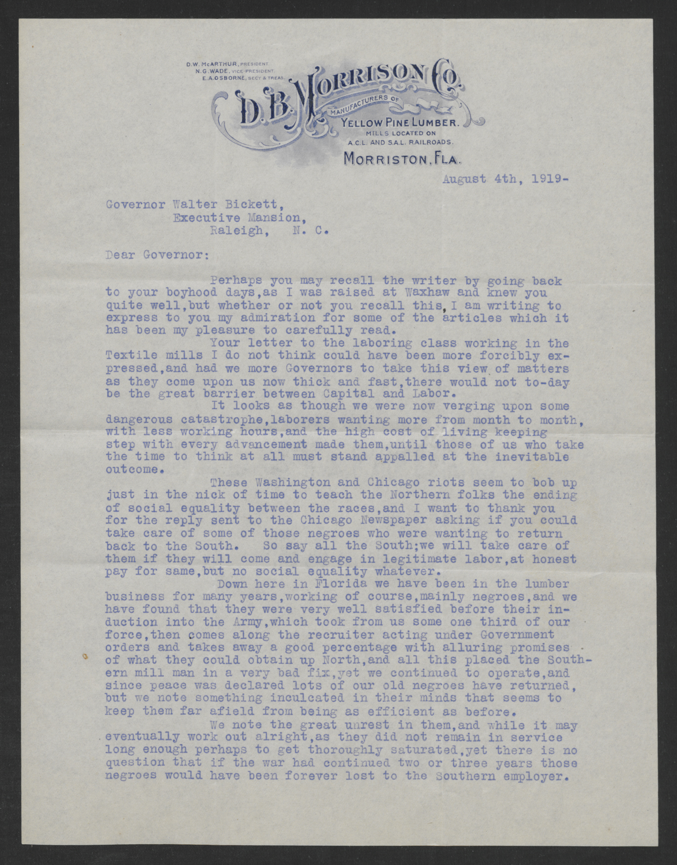 Letter from Eli A. Osborne to Gov. Thomas W. Bickett, August 4, 1919, page 1