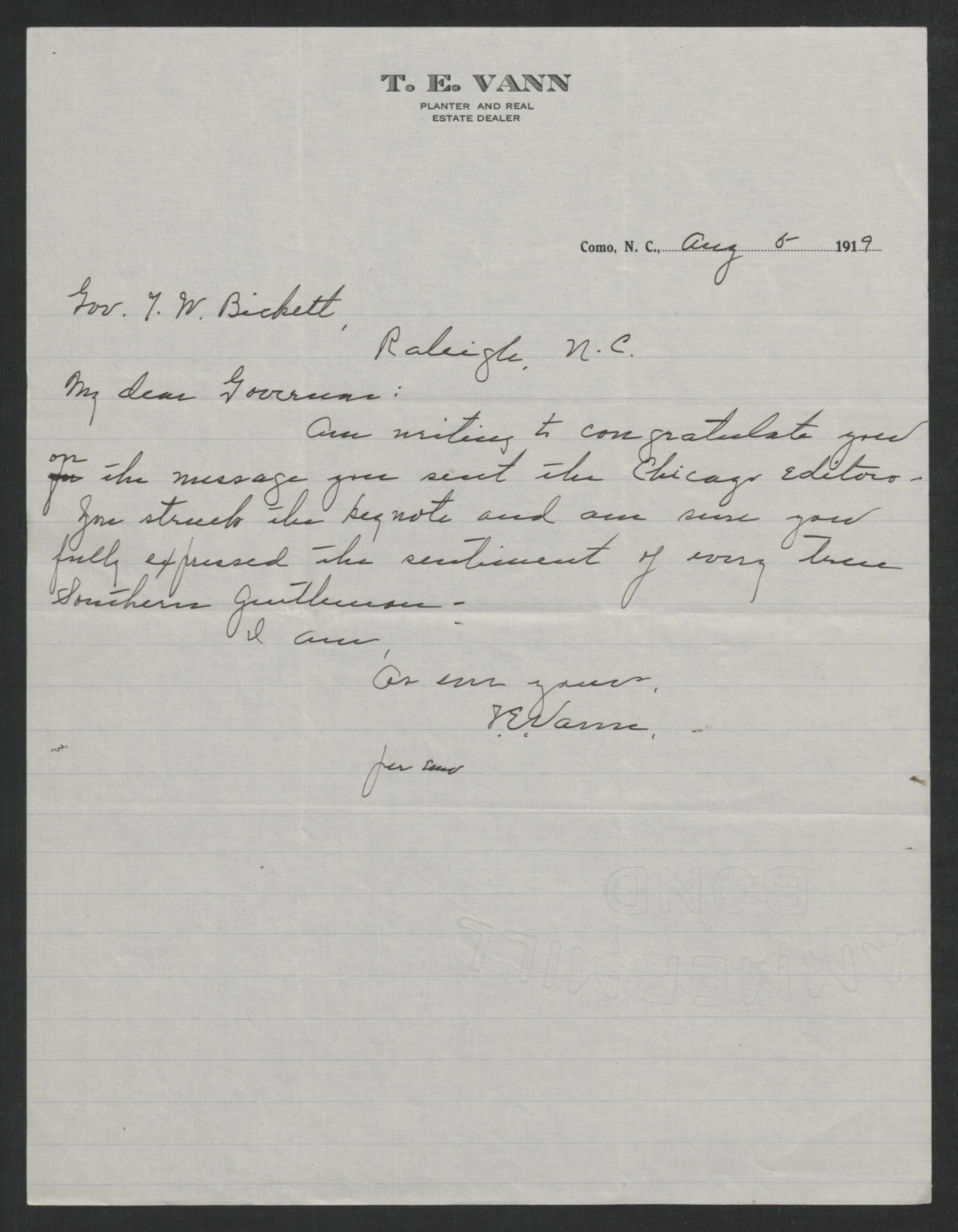 Letter from Thaddeus E. Vann to Gov. Thomas W. Bickett, August 5, 1919