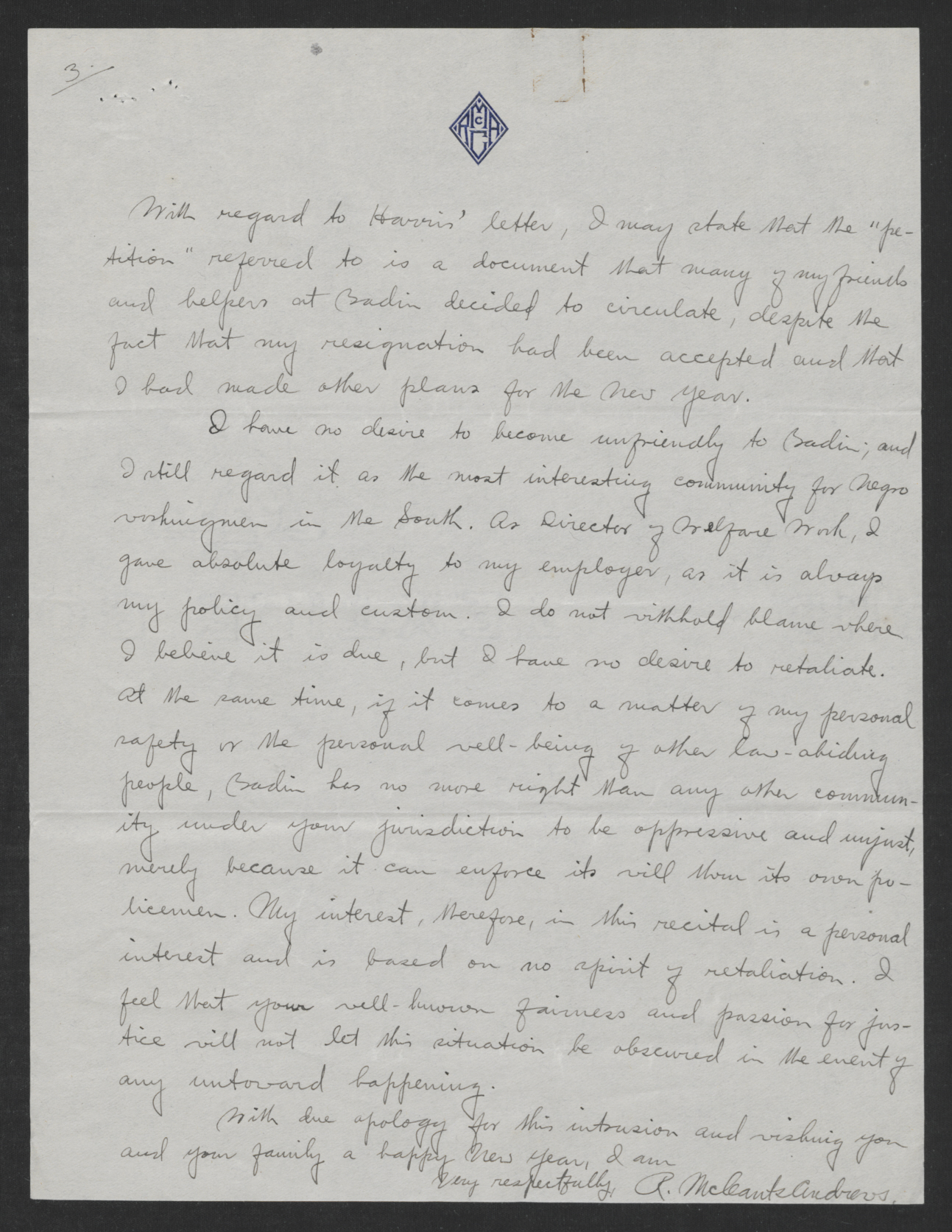 Letter from Robert M. Andrews to Gov. Thomas W. Bickett, December 30, 1919, page 3