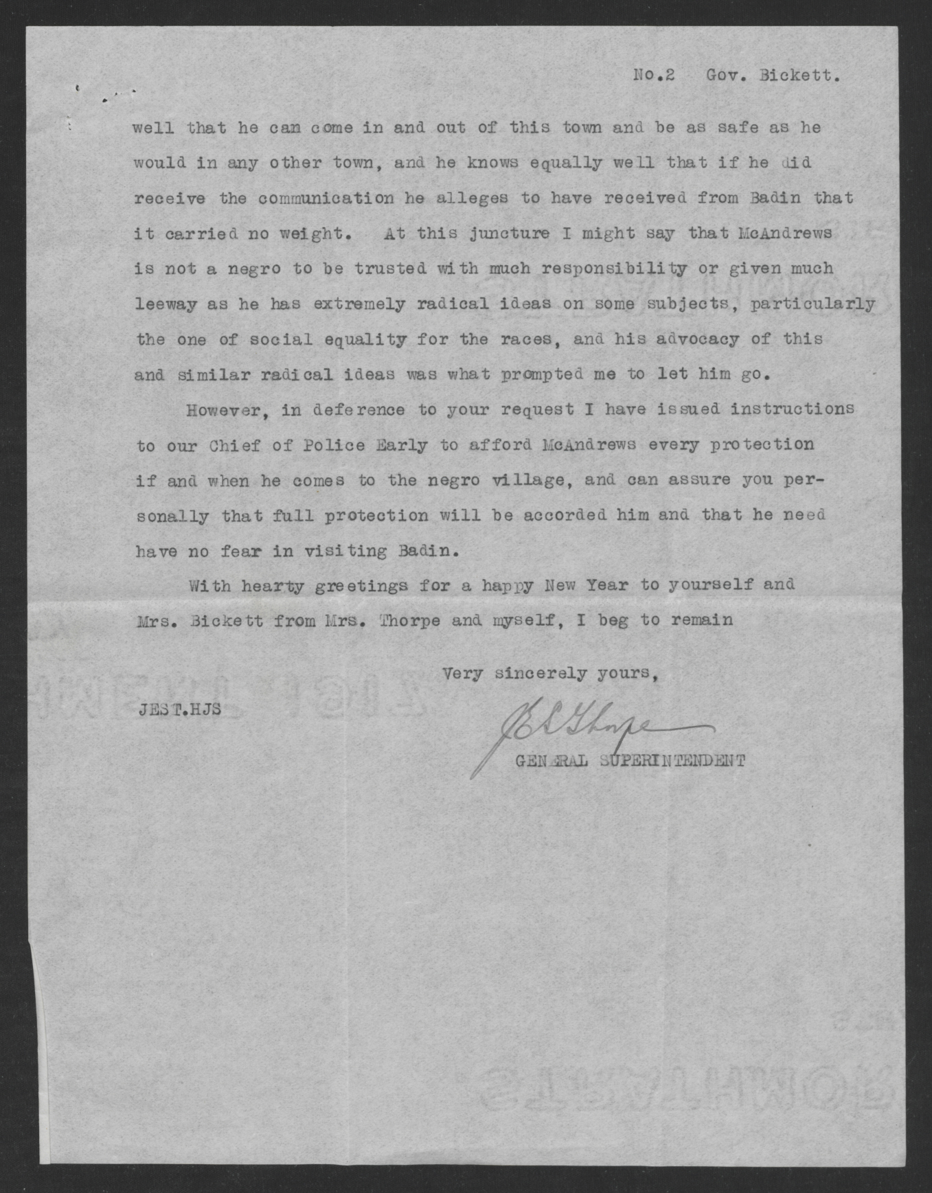 Letter from J. E. S. Thorpe to Gov. Thomas W. Bickett, January 7, 1920, page 2