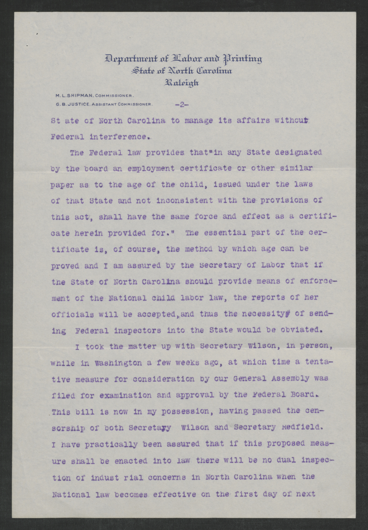 Letter from Mitchell L. Shipman to Thomas W. Bickett, February 19, 1917, page 2